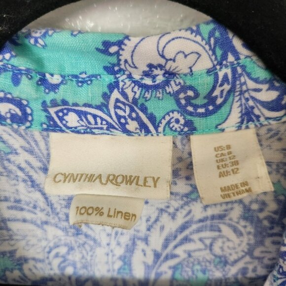Cynthia Rowley Linen Dress US 8 Blue Paisley Print Sleeveless Pockets Summery - Picture 5 of 9
